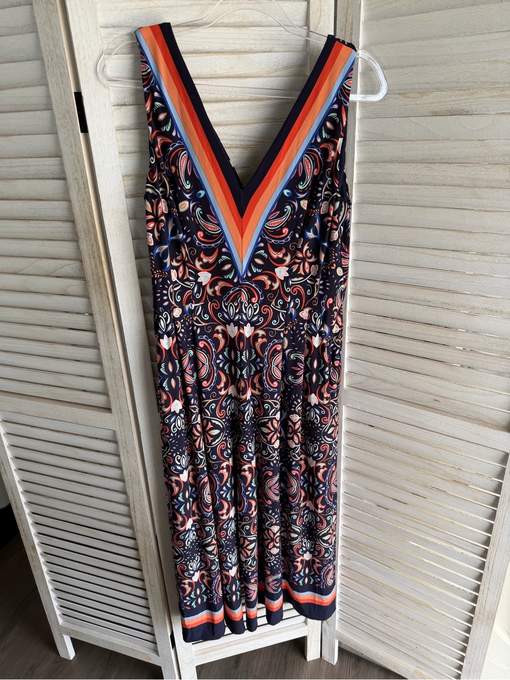 Vince Camuto StretchyNavy Maxi Pant Dress with Coral, Orange and Blue Accents